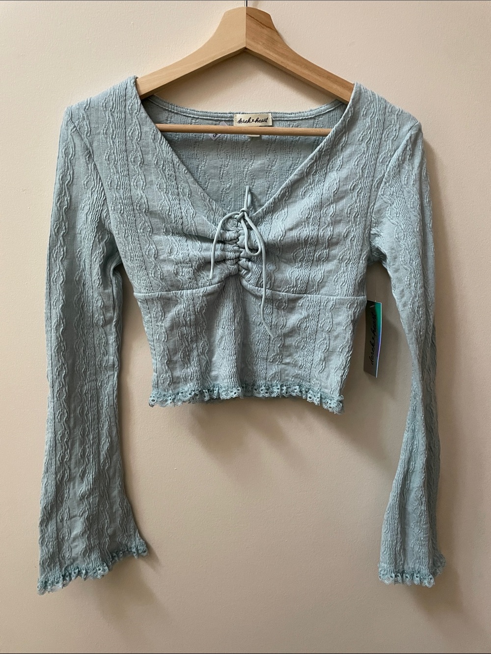 Derek Heart Light Blue Lace-Trim Cinch Front Long Sleeve Ballet Top